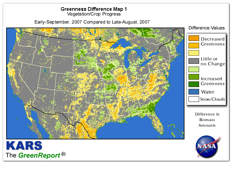 Color-coded U.S. vegetation greeness index map for Period 36 of 2007, illustrating spatial variations in plant vigor, with greener tones indicating higher biomass and browner tones indicating stressed vegetation,
              comparing current crop/vegetation change in biomass to the previous week within the same year.