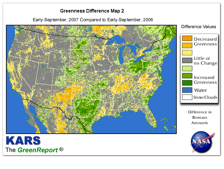 Color-coded U.S. vegetation greeness index map for Period 36 of 2007, illustrating spatial variations in plant vigor, with greener tones indicating higher biomass and browner tones indicating stressed vegetation,
              comparing current crop/vegetation change in biomass to same period from the previous year.
