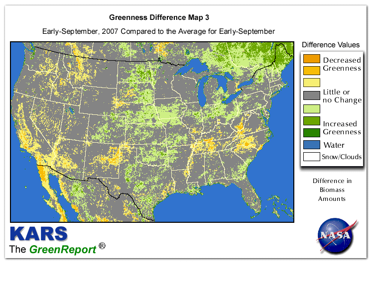 Color-coded U.S. vegetation greeness index map for Period 36 of 2007, illustrating spatial variations in plant vigor, with greener tones indicating higher biomass and browner tones indicating stressed vegetation,
              comparing current crop/vegetation change in biomass to the 20-year greenness average.