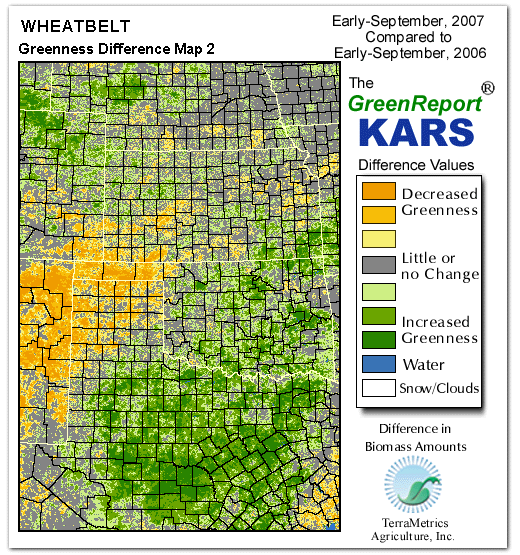 Color-coded Wheat Belt vegetation greeness index map for Period 36 of 2007, illustrating spatial variations in plant vigor, with greener tones indicating higher biomass and browner tones indicating stressed vegetation,
              comparing current crop/vegetation change in biomass to same period from the previous year.