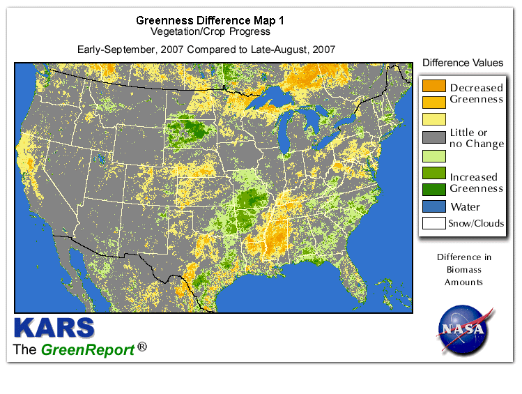 Color-coded U.S. vegetation greeness index map for Period 37 of 2007, illustrating spatial variations in plant vigor, with greener tones indicating higher biomass and browner tones indicating stressed vegetation,
              comparing current crop/vegetation change in biomass to the previous week within the same year.