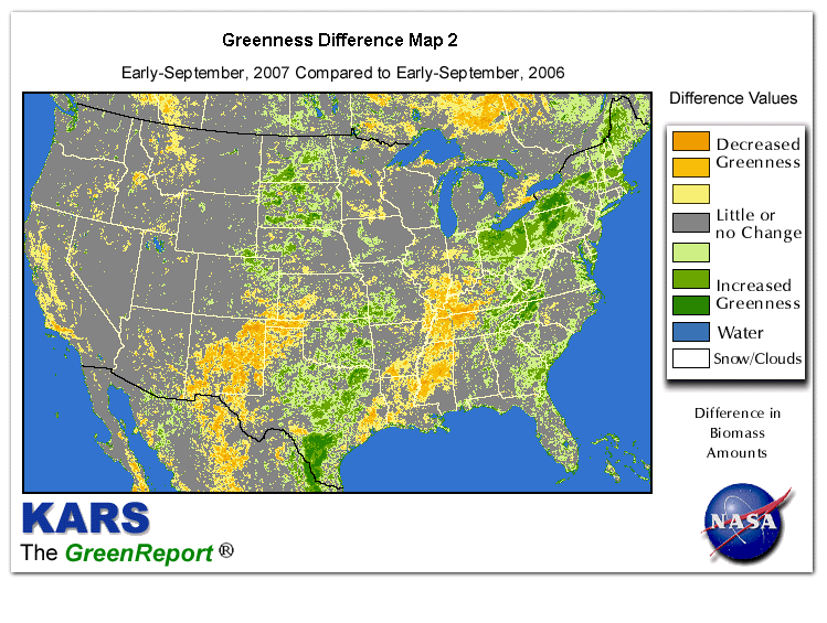 Color-coded U.S. vegetation greeness index map for Period 37 of 2007, illustrating spatial variations in plant vigor, with greener tones indicating higher biomass and browner tones indicating stressed vegetation,
              comparing current crop/vegetation change in biomass to same period from the previous year.