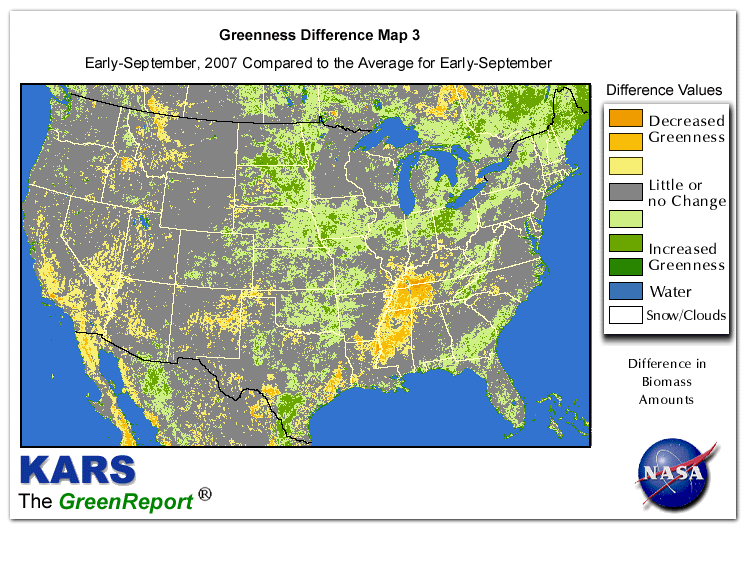 Color-coded U.S. vegetation greeness index map for Period 37 of 2007, illustrating spatial variations in plant vigor, with greener tones indicating higher biomass and browner tones indicating stressed vegetation,
              comparing current crop/vegetation change in biomass to the 20-year greenness average.