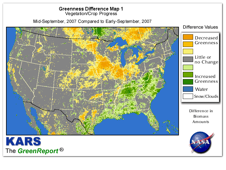 Color-coded U.S. vegetation greeness index map for Period 38 of 2007, illustrating spatial variations in plant vigor, with greener tones indicating higher biomass and browner tones indicating stressed vegetation,
              comparing current crop/vegetation change in biomass to the previous week within the same year.