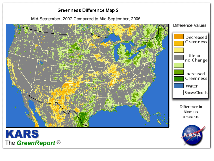 Color-coded U.S. vegetation greeness index map for Period 38 of 2007, illustrating spatial variations in plant vigor, with greener tones indicating higher biomass and browner tones indicating stressed vegetation,
              comparing current crop/vegetation change in biomass to same period from the previous year.