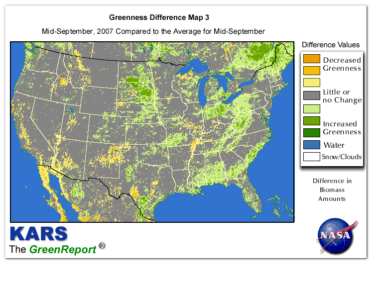 Color-coded U.S. vegetation greeness index map for Period 38 of 2007, illustrating spatial variations in plant vigor, with greener tones indicating higher biomass and browner tones indicating stressed vegetation,
              comparing current crop/vegetation change in biomass to the 20-year greenness average.