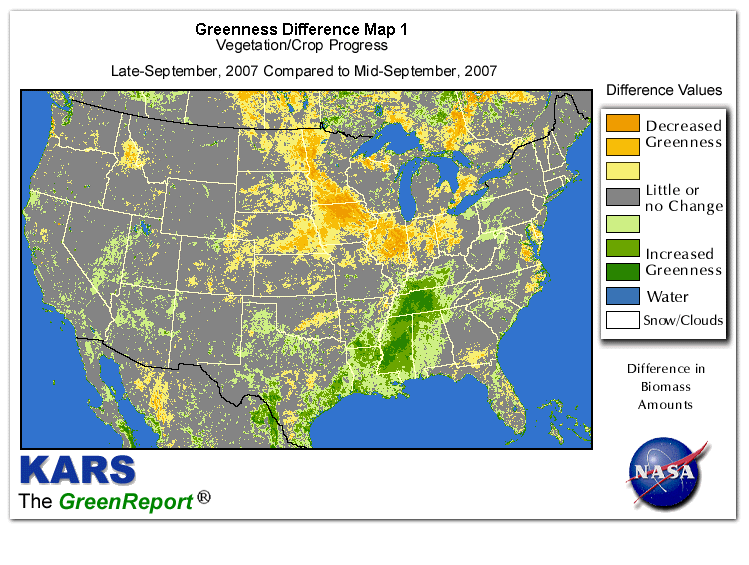 Color-coded U.S. vegetation greeness index map for Period 39 of 2007, illustrating spatial variations in plant vigor, with greener tones indicating higher biomass and browner tones indicating stressed vegetation,
              comparing current crop/vegetation change in biomass to the previous week within the same year.