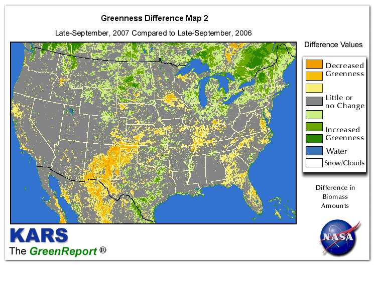 Color-coded U.S. vegetation greeness index map for Period 39 of 2007, illustrating spatial variations in plant vigor, with greener tones indicating higher biomass and browner tones indicating stressed vegetation,
              comparing current crop/vegetation change in biomass to same period from the previous year.