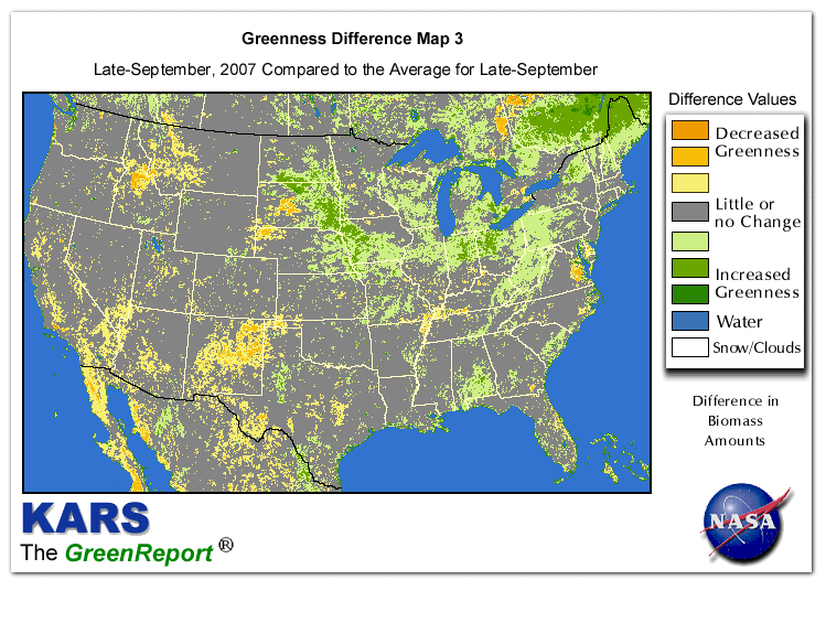 Color-coded U.S. vegetation greeness index map for Period 39 of 2007, illustrating spatial variations in plant vigor, with greener tones indicating higher biomass and browner tones indicating stressed vegetation,
              comparing current crop/vegetation change in biomass to the 20-year greenness average.