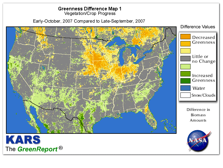 Color-coded U.S. vegetation greeness index map for Period 40 of 2007, illustrating spatial variations in plant vigor, with greener tones indicating higher biomass and browner tones indicating stressed vegetation,
              comparing current crop/vegetation change in biomass to the previous week within the same year.
