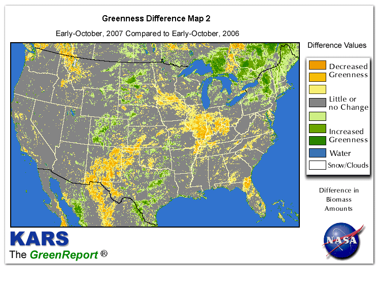 Color-coded U.S. vegetation greeness index map for Period 40 of 2007, illustrating spatial variations in plant vigor, with greener tones indicating higher biomass and browner tones indicating stressed vegetation,
              comparing current crop/vegetation change in biomass to same period from the previous year.