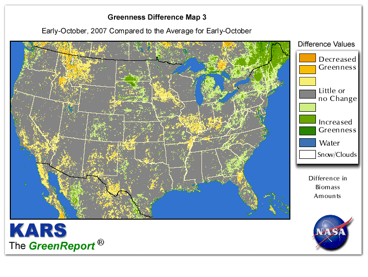 Color-coded U.S. vegetation greeness index map for Period 40 of 2007, illustrating spatial variations in plant vigor, with greener tones indicating higher biomass and browner tones indicating stressed vegetation,
              comparing current crop/vegetation change in biomass to the 20-year greenness average.