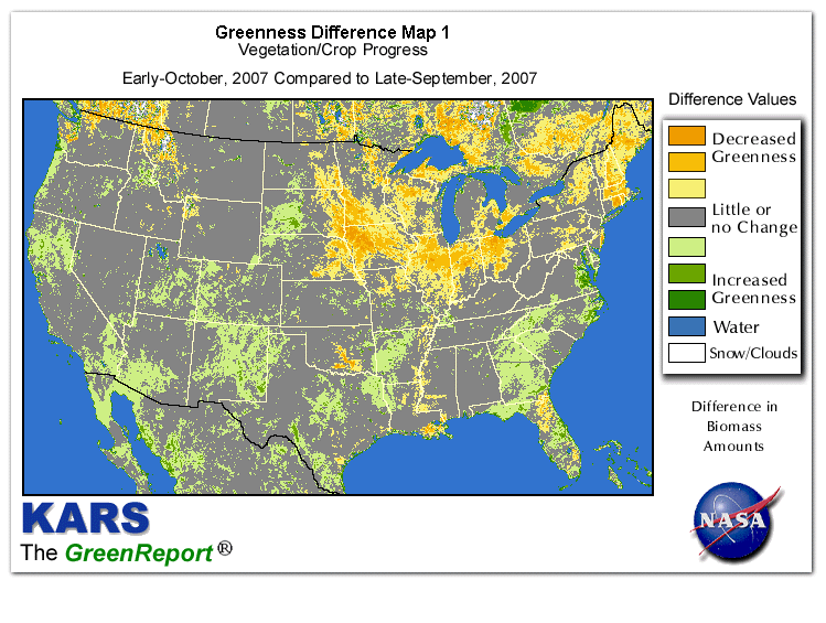 Color-coded U.S. vegetation greeness index map for Period 41 of 2007, illustrating spatial variations in plant vigor, with greener tones indicating higher biomass and browner tones indicating stressed vegetation,
              comparing current crop/vegetation change in biomass to the previous week within the same year.