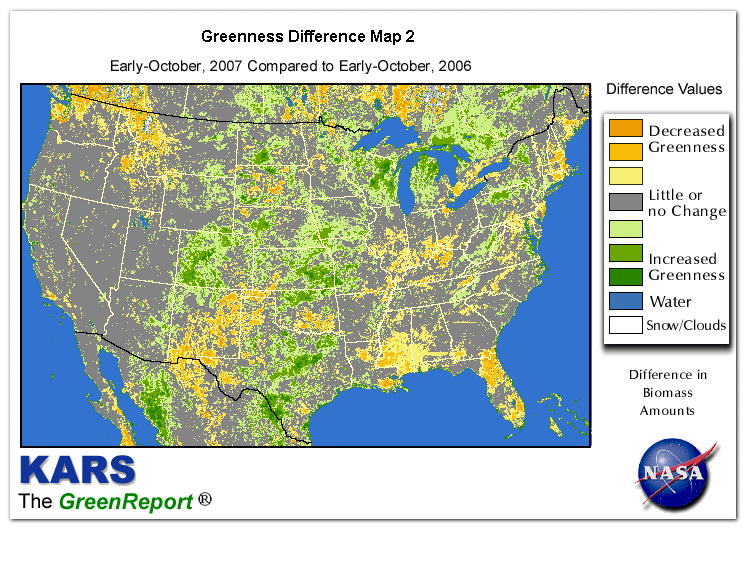 Color-coded U.S. vegetation greeness index map for Period 41 of 2007, illustrating spatial variations in plant vigor, with greener tones indicating higher biomass and browner tones indicating stressed vegetation,
              comparing current crop/vegetation change in biomass to same period from the previous year.