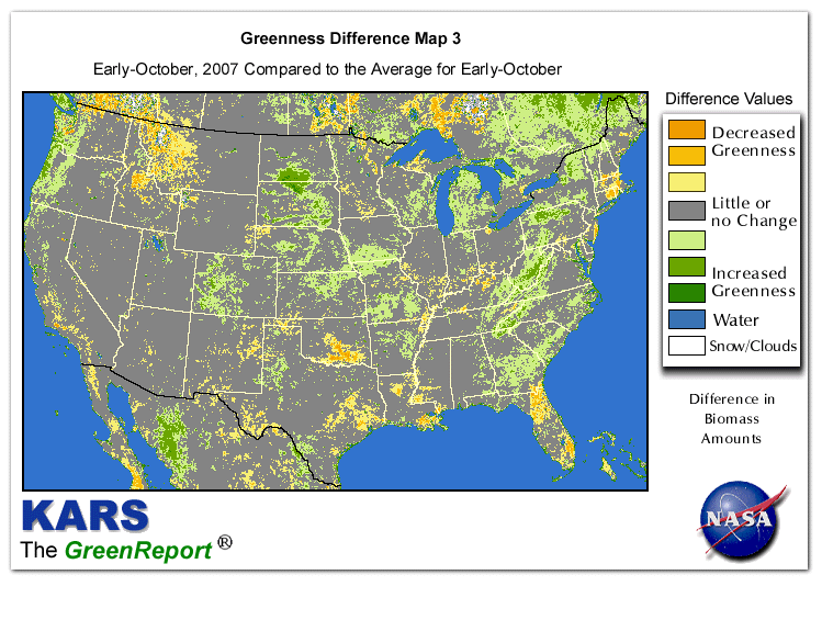 Color-coded U.S. vegetation greeness index map for Period 41 of 2007, illustrating spatial variations in plant vigor, with greener tones indicating higher biomass and browner tones indicating stressed vegetation,
              comparing current crop/vegetation change in biomass to the 20-year greenness average.
