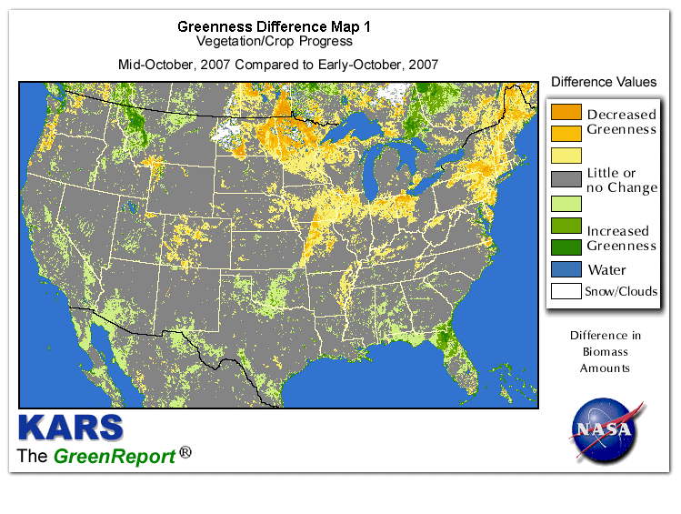 Color-coded U.S. vegetation greeness index map for Period 42 of 2007, illustrating spatial variations in plant vigor, with greener tones indicating higher biomass and browner tones indicating stressed vegetation,
              comparing current crop/vegetation change in biomass to the previous week within the same year.