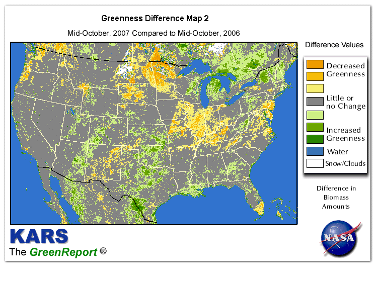 Color-coded U.S. vegetation greeness index map for Period 42 of 2007, illustrating spatial variations in plant vigor, with greener tones indicating higher biomass and browner tones indicating stressed vegetation,
              comparing current crop/vegetation change in biomass to same period from the previous year.