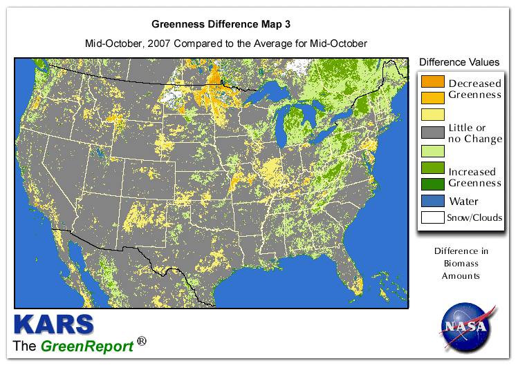Color-coded U.S. vegetation greeness index map for Period 42 of 2007, illustrating spatial variations in plant vigor, with greener tones indicating higher biomass and browner tones indicating stressed vegetation,
              comparing current crop/vegetation change in biomass to the 20-year greenness average.