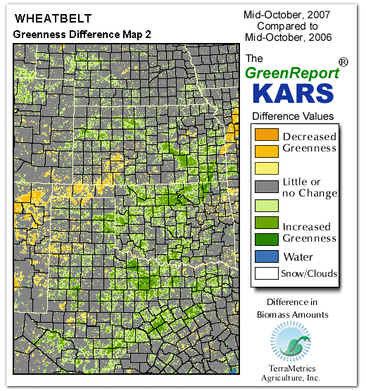 Color-coded Wheat Belt vegetation greeness index map for Period 42 of 2007, illustrating spatial variations in plant vigor, with greener tones indicating higher biomass and browner tones indicating stressed vegetation,
              comparing current crop/vegetation change in biomass to same period from the previous year.