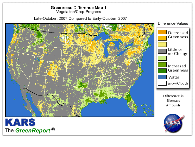 Color-coded U.S. vegetation greeness index map for Period 43 of 2007, illustrating spatial variations in plant vigor, with greener tones indicating higher biomass and browner tones indicating stressed vegetation,
              comparing current crop/vegetation change in biomass to the previous week within the same year.