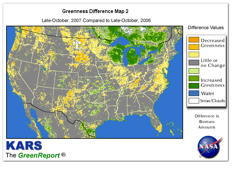 Color-coded U.S. vegetation greeness index map for Period 43 of 2007, illustrating spatial variations in plant vigor, with greener tones indicating higher biomass and browner tones indicating stressed vegetation,
              comparing current crop/vegetation change in biomass to same period from the previous year.