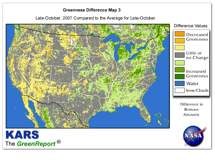 Color-coded U.S. vegetation greeness index map for Period 43 of 2007, illustrating spatial variations in plant vigor, with greener tones indicating higher biomass and browner tones indicating stressed vegetation,
              comparing current crop/vegetation change in biomass to the 20-year greenness average.