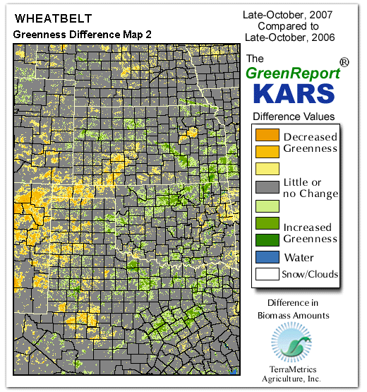 Color-coded Wheat Belt vegetation greeness index map for Period 43 of 2007, illustrating spatial variations in plant vigor, with greener tones indicating higher biomass and browner tones indicating stressed vegetation,
              comparing current crop/vegetation change in biomass to same period from the previous year.