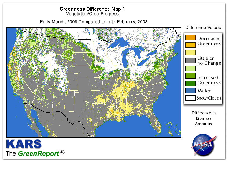 Color-coded U.S. vegetation greeness index map for Period 11 of 2008, illustrating spatial variations in plant vigor, with greener tones indicating higher biomass and browner tones indicating stressed vegetation,
              comparing current crop/vegetation change in biomass to the previous week within the same year.