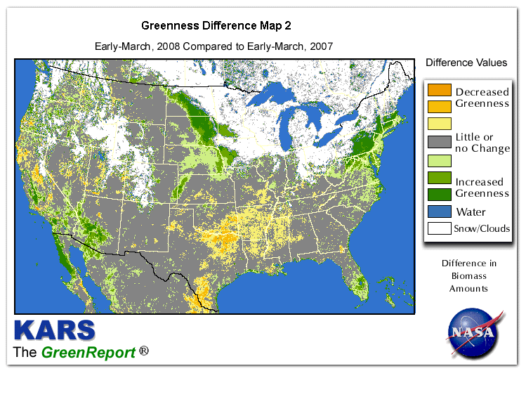 Color-coded U.S. vegetation greeness index map for Period 11 of 2008, illustrating spatial variations in plant vigor, with greener tones indicating higher biomass and browner tones indicating stressed vegetation,
              comparing current crop/vegetation change in biomass to same period from the previous year.