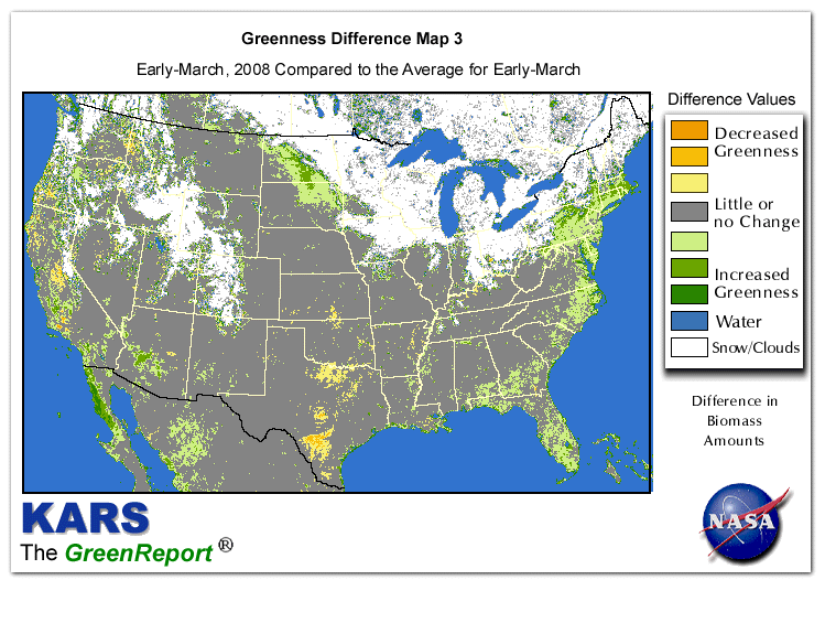 Color-coded U.S. vegetation greeness index map for Period 11 of 2008, illustrating spatial variations in plant vigor, with greener tones indicating higher biomass and browner tones indicating stressed vegetation,
              comparing current crop/vegetation change in biomass to the 20-year greenness average.