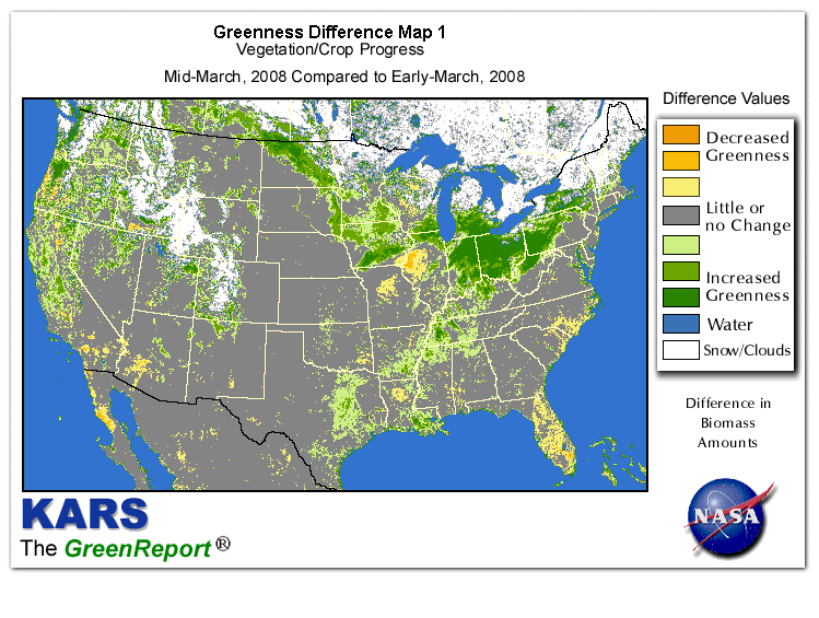 Color-coded U.S. vegetation greeness index map for Period 12 of 2008, illustrating spatial variations in plant vigor, with greener tones indicating higher biomass and browner tones indicating stressed vegetation,
              comparing current crop/vegetation change in biomass to the previous week within the same year.