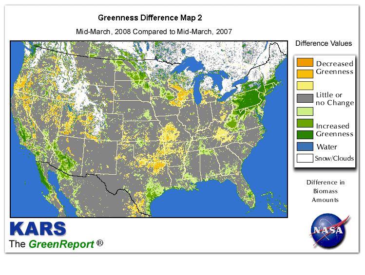 Color-coded U.S. vegetation greeness index map for Period 12 of 2008, illustrating spatial variations in plant vigor, with greener tones indicating higher biomass and browner tones indicating stressed vegetation,
              comparing current crop/vegetation change in biomass to same period from the previous year.