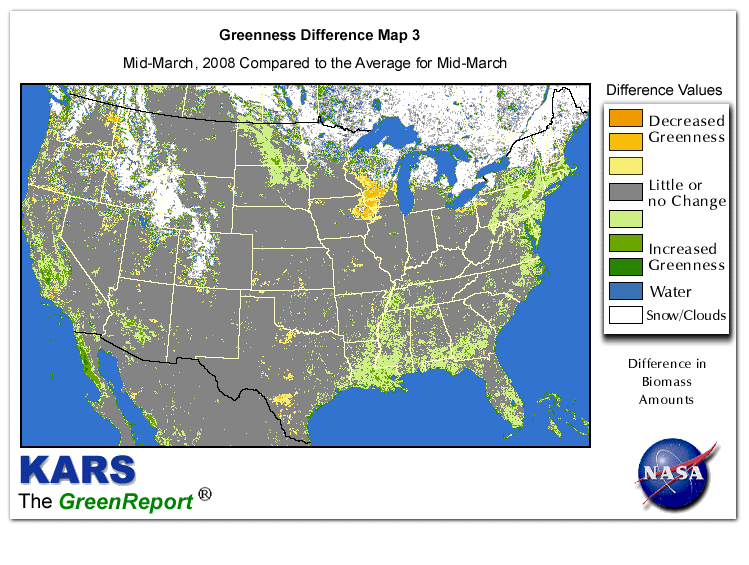 Color-coded U.S. vegetation greeness index map for Period 12 of 2008, illustrating spatial variations in plant vigor, with greener tones indicating higher biomass and browner tones indicating stressed vegetation,
              comparing current crop/vegetation change in biomass to the 20-year greenness average.