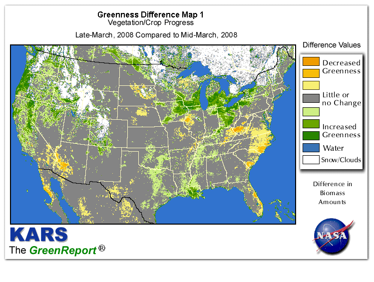 Color-coded U.S. vegetation greeness index map for Period 13 of 2008, illustrating spatial variations in plant vigor, with greener tones indicating higher biomass and browner tones indicating stressed vegetation,
              comparing current crop/vegetation change in biomass to the previous week within the same year.