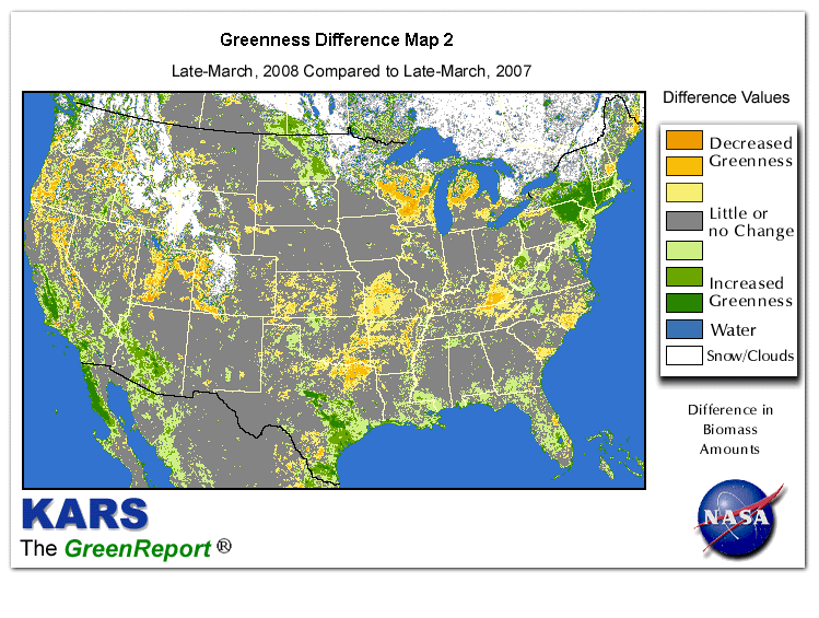 Color-coded U.S. vegetation greeness index map for Period 13 of 2008, illustrating spatial variations in plant vigor, with greener tones indicating higher biomass and browner tones indicating stressed vegetation,
              comparing current crop/vegetation change in biomass to same period from the previous year.