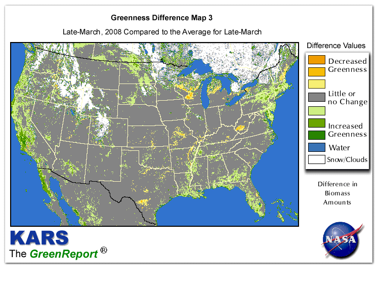 Color-coded U.S. vegetation greeness index map for Period 13 of 2008, illustrating spatial variations in plant vigor, with greener tones indicating higher biomass and browner tones indicating stressed vegetation,
              comparing current crop/vegetation change in biomass to the 20-year greenness average.