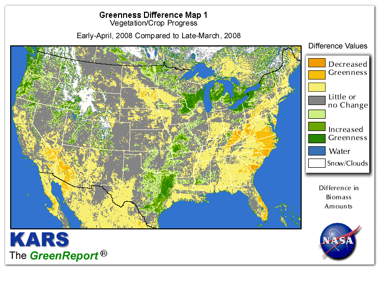Color-coded U.S. vegetation greeness index map for Period 14 of 2008, illustrating spatial variations in plant vigor, with greener tones indicating higher biomass and browner tones indicating stressed vegetation,
              comparing current crop/vegetation change in biomass to the previous week within the same year.