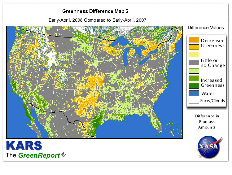 Color-coded U.S. vegetation greeness index map for Period 14 of 2008, illustrating spatial variations in plant vigor, with greener tones indicating higher biomass and browner tones indicating stressed vegetation,
              comparing current crop/vegetation change in biomass to same period from the previous year.