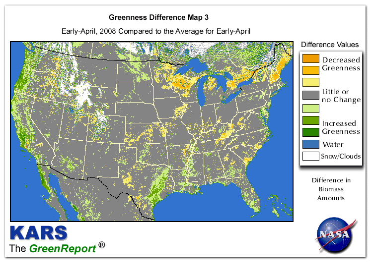 Color-coded U.S. vegetation greeness index map for Period 14 of 2008, illustrating spatial variations in plant vigor, with greener tones indicating higher biomass and browner tones indicating stressed vegetation,
              comparing current crop/vegetation change in biomass to the 20-year greenness average.