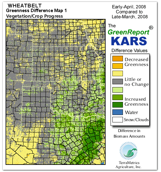 Color-coded Wheat Belt vegetation greeness index map for Period 14 of 2008, illustrating spatial variations in plant vigor, with greener tones indicating higher biomass and browner tones indicating stressed vegetation,
              comparing current crop/vegetation change in biomass to the previous week within the same year.