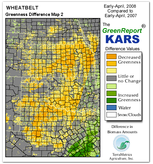 Color-coded Wheat Belt vegetation greeness index map for Period 14 of 2008, illustrating spatial variations in plant vigor, with greener tones indicating higher biomass and browner tones indicating stressed vegetation,
              comparing current crop/vegetation change in biomass to same period from the previous year.