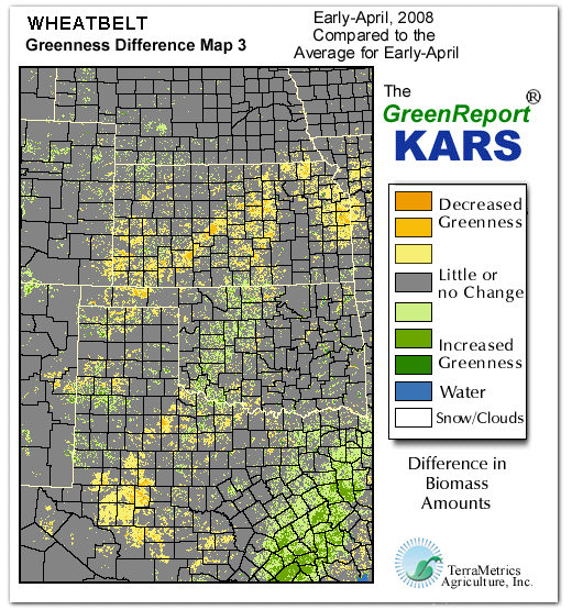 Color-coded Wheat Belt vegetation greeness index map for Period 14 of 2008, illustrating spatial variations in plant vigor, with greener tones indicating higher biomass and browner tones indicating stressed vegetation,
              comparing current crop/vegetation change in biomass to the 20-year greenness average.