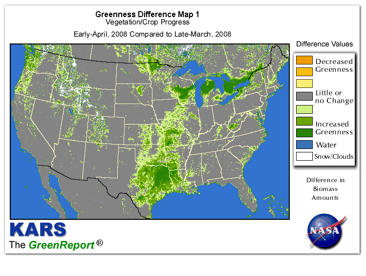 Color-coded U.S. vegetation greeness index map for Period 15 of 2008, illustrating spatial variations in plant vigor, with greener tones indicating higher biomass and browner tones indicating stressed vegetation,
              comparing current crop/vegetation change in biomass to the previous week within the same year.