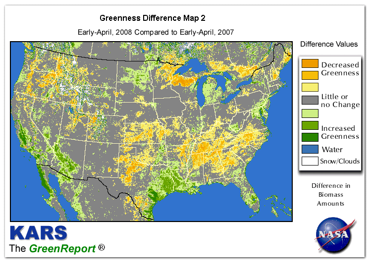 Color-coded U.S. vegetation greeness index map for Period 15 of 2008, illustrating spatial variations in plant vigor, with greener tones indicating higher biomass and browner tones indicating stressed vegetation,
              comparing current crop/vegetation change in biomass to same period from the previous year.