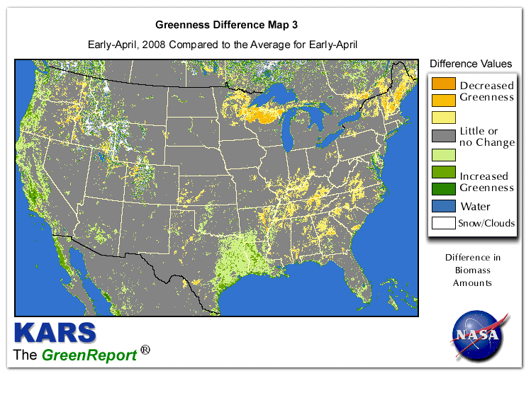 Color-coded U.S. vegetation greeness index map for Period 15 of 2008, illustrating spatial variations in plant vigor, with greener tones indicating higher biomass and browner tones indicating stressed vegetation,
              comparing current crop/vegetation change in biomass to the 20-year greenness average.