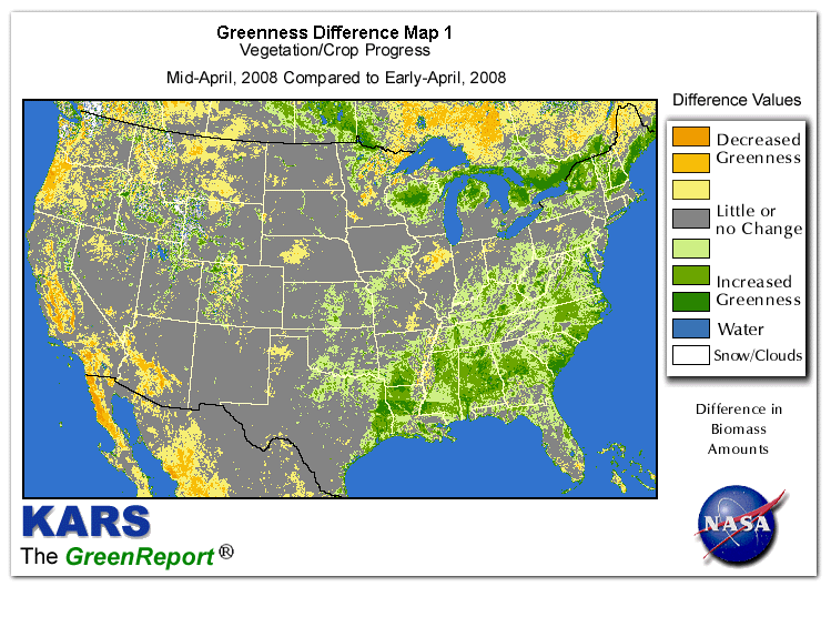 Color-coded U.S. vegetation greeness index map for Period 16 of 2008, illustrating spatial variations in plant vigor, with greener tones indicating higher biomass and browner tones indicating stressed vegetation,
              comparing current crop/vegetation change in biomass to the previous week within the same year.