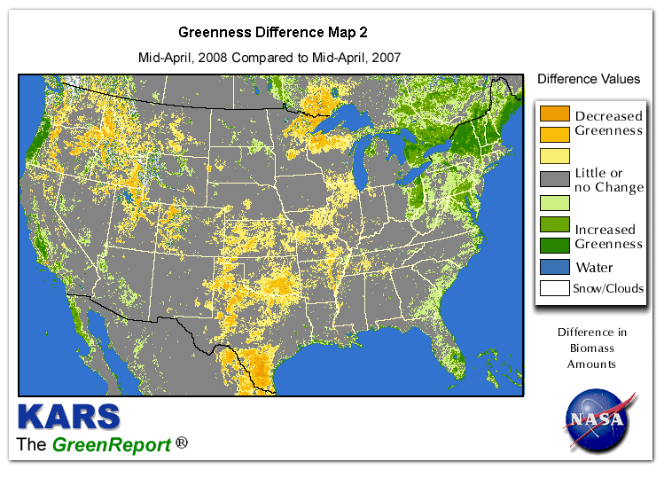 Color-coded U.S. vegetation greeness index map for Period 16 of 2008, illustrating spatial variations in plant vigor, with greener tones indicating higher biomass and browner tones indicating stressed vegetation,
              comparing current crop/vegetation change in biomass to same period from the previous year.