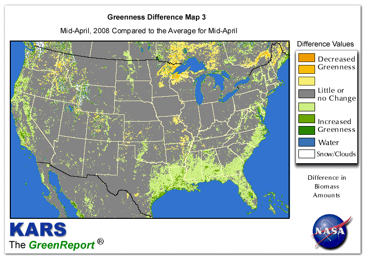 Color-coded U.S. vegetation greeness index map for Period 16 of 2008, illustrating spatial variations in plant vigor, with greener tones indicating higher biomass and browner tones indicating stressed vegetation,
              comparing current crop/vegetation change in biomass to the 20-year greenness average.