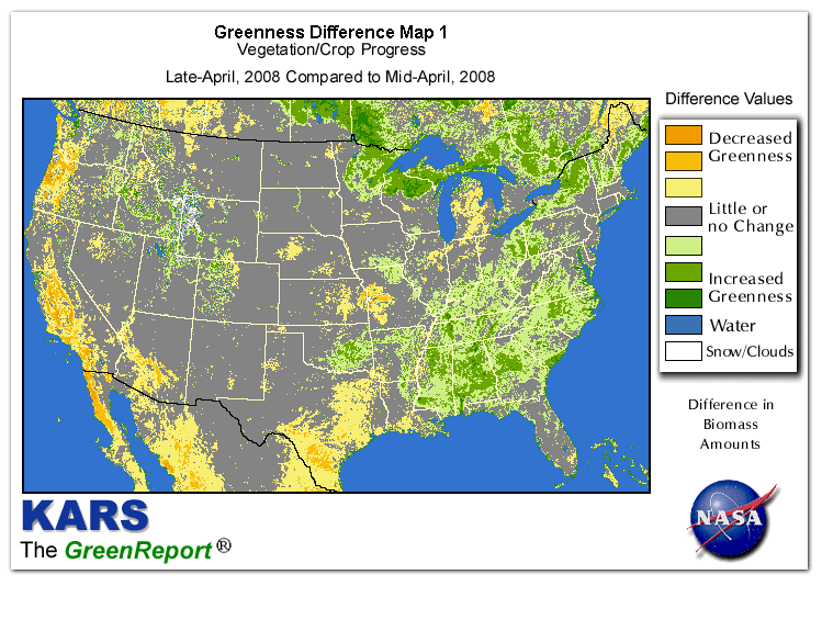 Color-coded U.S. vegetation greeness index map for Period 17 of 2008, illustrating spatial variations in plant vigor, with greener tones indicating higher biomass and browner tones indicating stressed vegetation,
              comparing current crop/vegetation change in biomass to the previous week within the same year.
