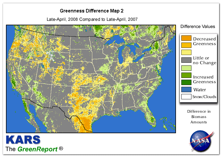 Color-coded U.S. vegetation greeness index map for Period 17 of 2008, illustrating spatial variations in plant vigor, with greener tones indicating higher biomass and browner tones indicating stressed vegetation,
              comparing current crop/vegetation change in biomass to same period from the previous year.